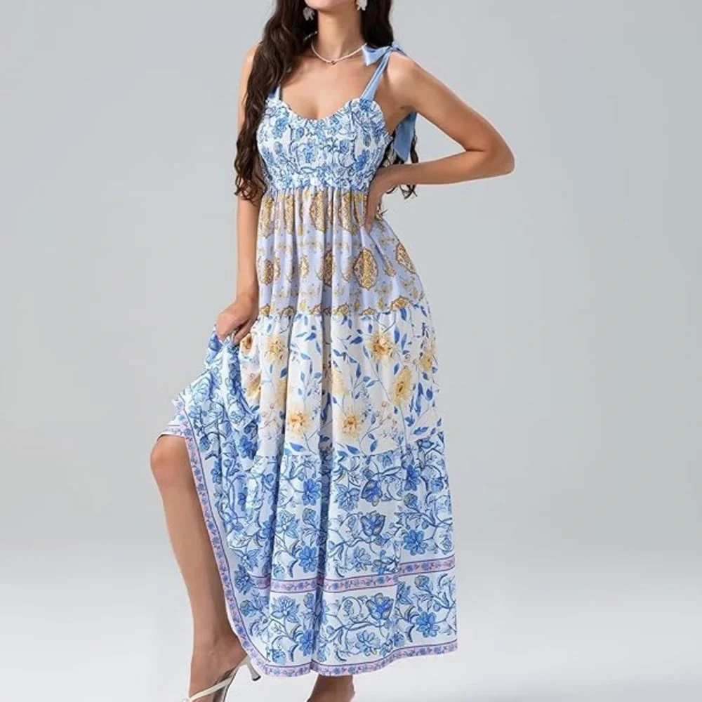 Floral Blue and White, Tie Shoulder Maxi Dress w/ pockets, Size Small - Picture 9 of 11